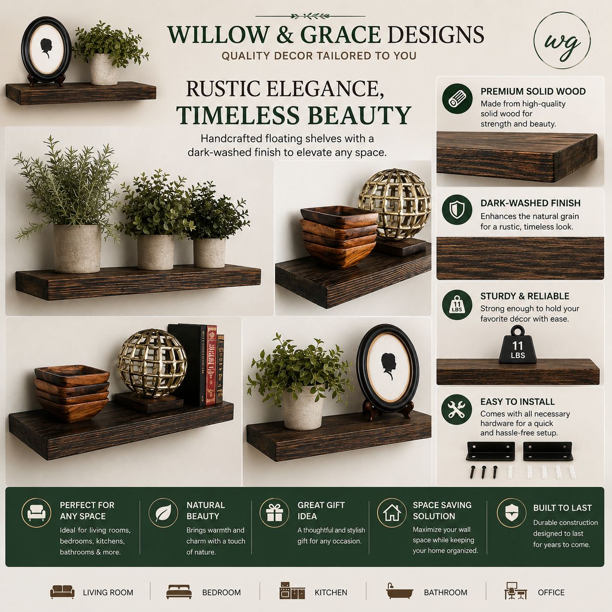 Rustic Floating Wall Shelves Set – Solid Wood Shelves for Living Room, Bedroom & Bathroom