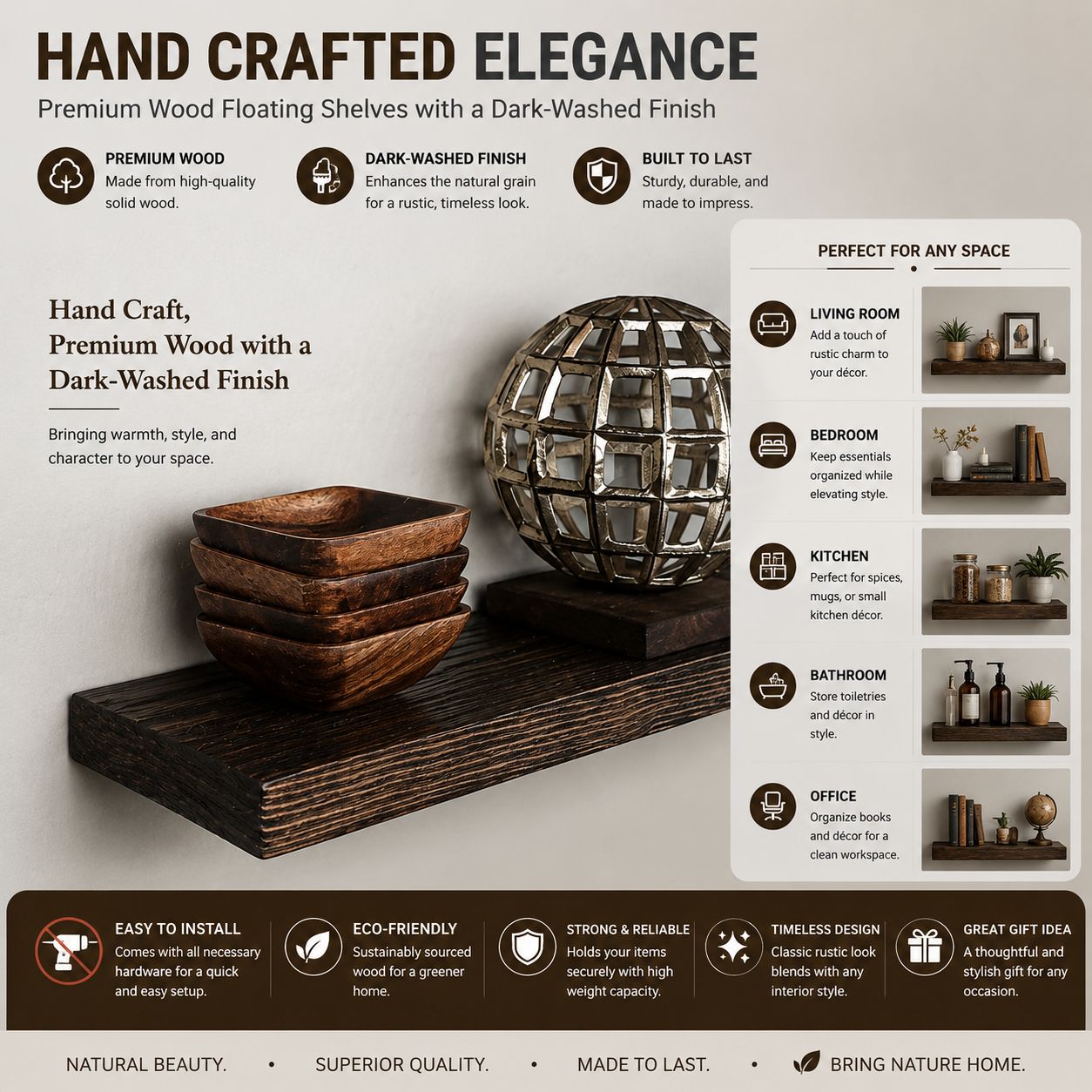 Rustic Floating Wall Shelves Set – Solid Wood Shelves for Living Room, Bedroom & Bathroom